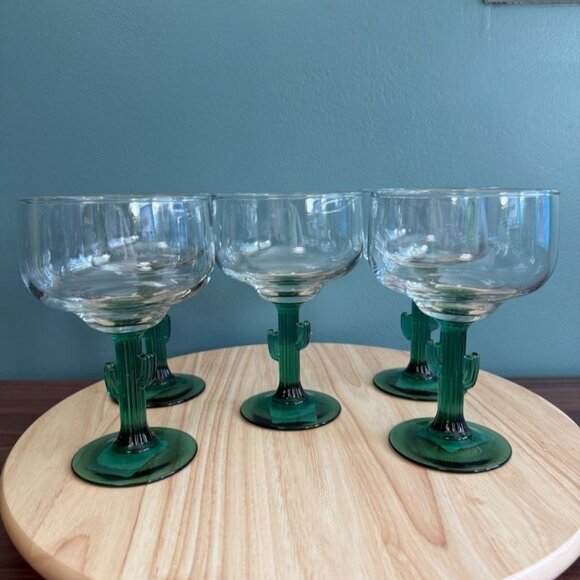 NOS Libbey Cactus Margarita Glasses Set Of 5 Green Stem Clear Bowl 12 Oz Vintage - Picture 1 of 7